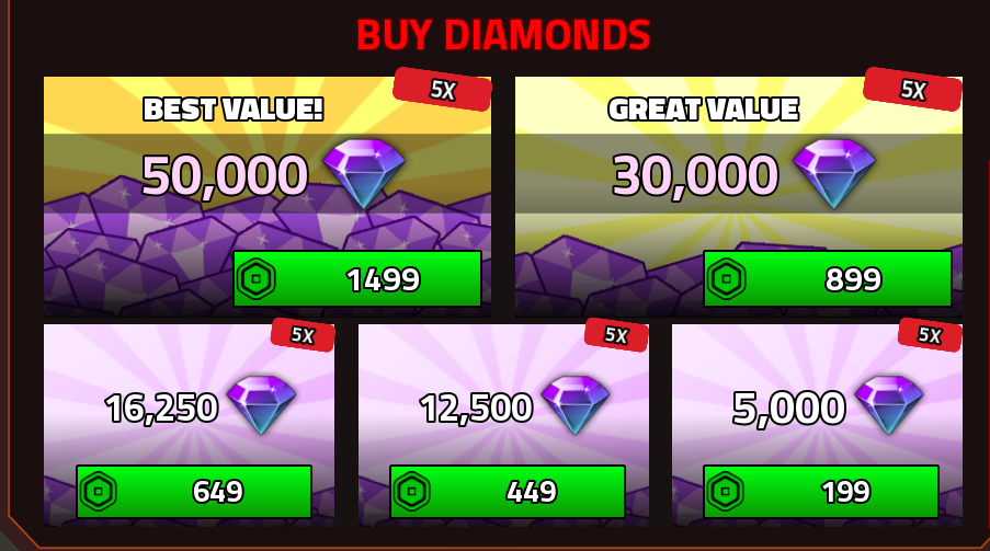 Military Tycoon in-game diamond package prices shown in Robux